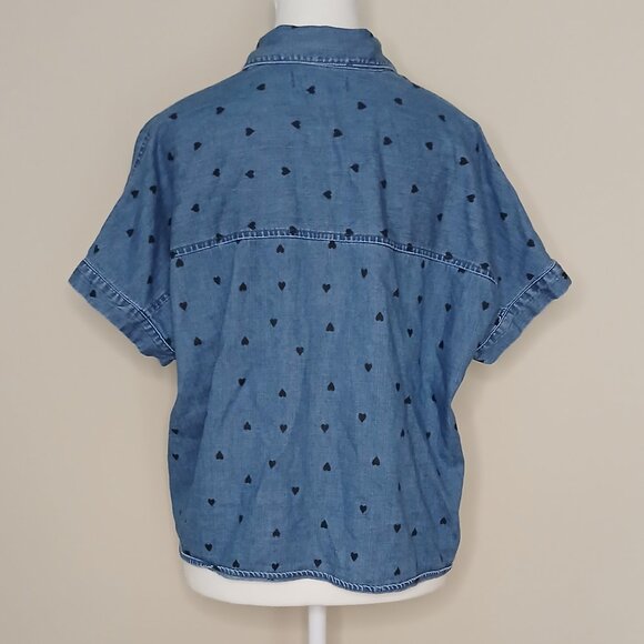 Madewell Short-Sleeve Tie-Front Denim Shirt in Heart Print Size Small - Picture 6 of 8